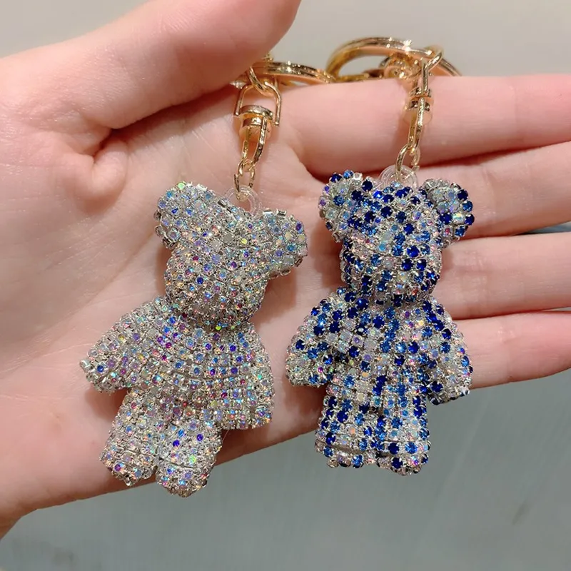 Creative Cute Rhinestone Bear Key Chain Women Crystal Animal Keychains Leather Strap Lanyard Bag Charms Pendant Accessories275Q