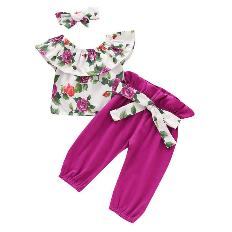 Sommergeborenes Baby Mädchen Kleidung Set Trägerloses Blumenmuster Top + Schleife Jeanshose + Haarband 3-tlg. Niedlich 210611