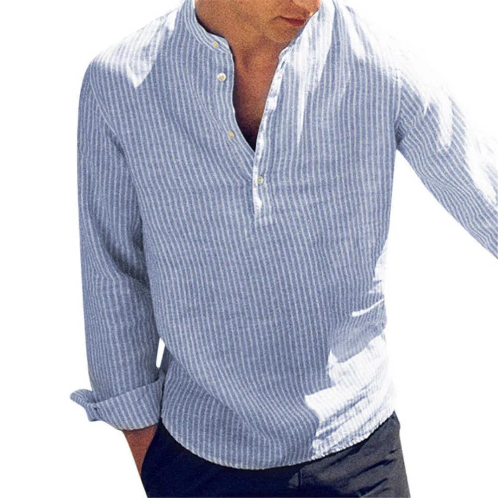 Helisopus cotone manica lunga camicie da uomo primavera autunno a righe slim fit colletto alla coreana camicia abiti maschili plus size 5XL 210628