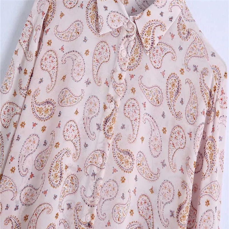 Za paisley print chiffon zomer shirt vrouwen lange mouw asymmetrische retro blouse chic button up fit vrouw roze shirts 210602