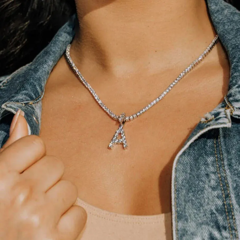 Caraquet Ice out AZ Letter Initial Pendant Necklace Silver Color Tennis Chain Choker Necklace Female Fashion Statement Jewelry8139177