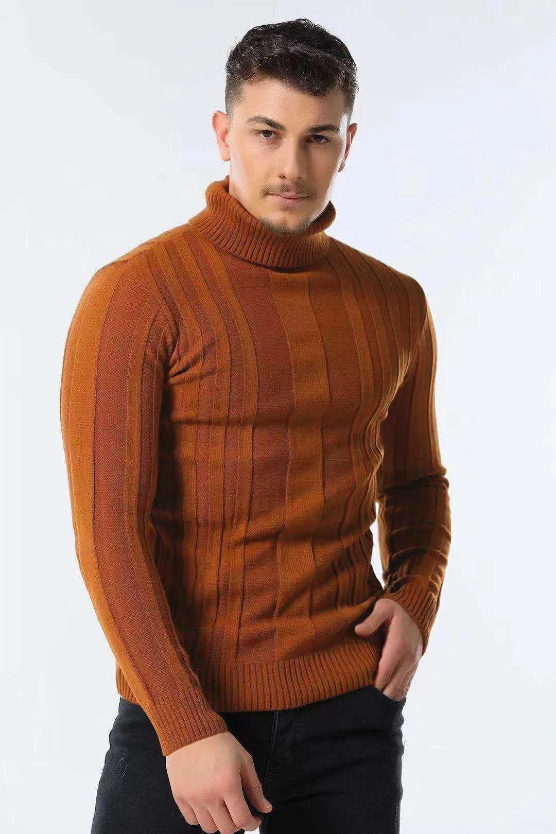 Aiopeson Slim Fit Pullovers Turtleneck Mannen Casual Basic Solid Color Warm Striped Sweater Mens Winter Mode Sweaters Male 211018