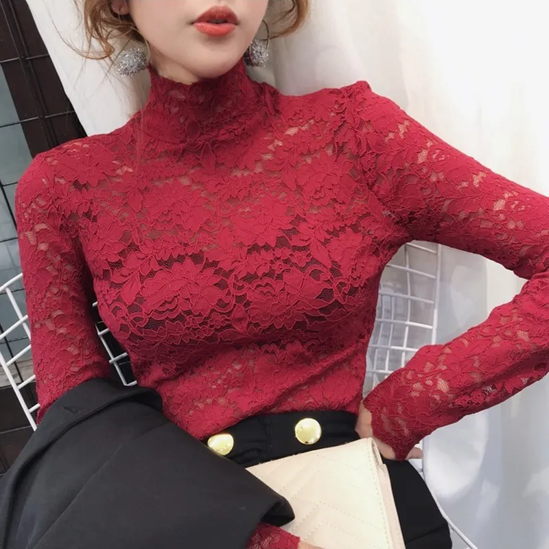Kvinnor Spring Style Lace Blues Shirts Lady Casual Long Sleeve Turtleneck Lace Blusa Topps 210226