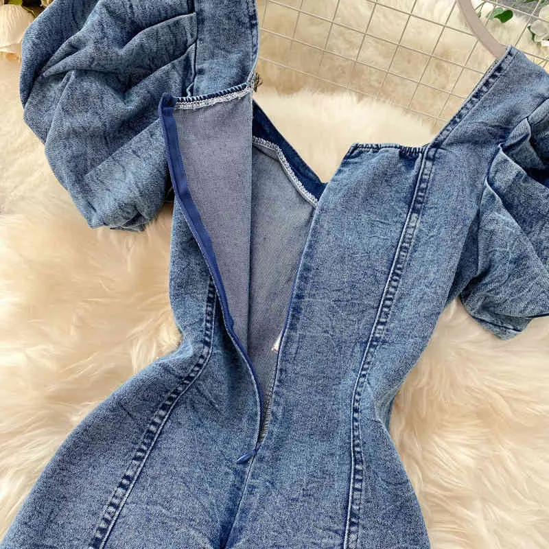 Frauen Denim Kleid Sommer Süße Puff Sleeve Slim Bodycon ES Damen V-ausschnitt Elegante Mini Robe Vestidos Mujer Französisch 210525