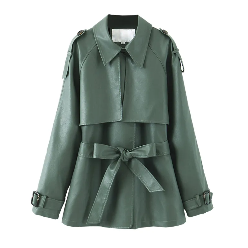 FTLZZ printemps automne revers Faux cuir veste femmes vert PU manteau simplicité vestes amples bureau dame vêtements d'extérieur avec ceinture