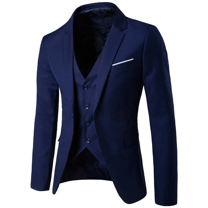 Costumes pour hommes d'affaires formelles Slim Fit Bleu marine veste + pantalon + gilet 2019 Printemps Nouveau Costume de revers cranté à un bouton Homme X0909