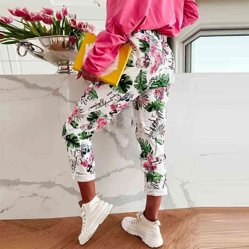 Женщины старинные цветочные печать Свободные брюки 2021 повседневная негабаритные широкие брюки для ног Весна Лето Эластичная Высокая талия Мешковатые Двухсловные Световые штаны Х0629