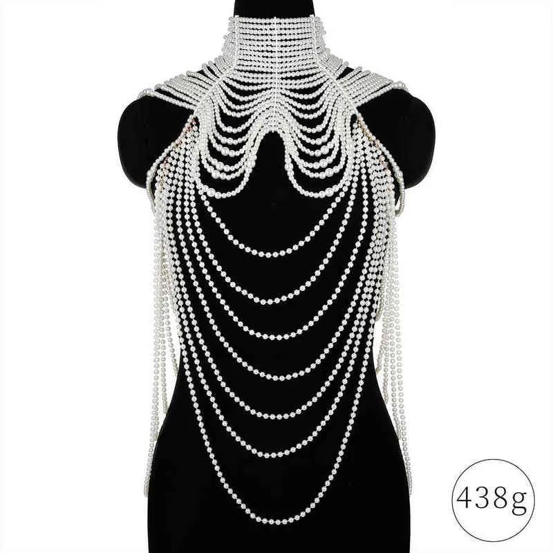 Женская жемчужная шаль, ожерелья, цепочка для тела, сексуальный воротник из бисера, плечевой жемчужный бюстгальтер, топ, цепочка для свитера, свадебное платье, украшения для тела 211214342D