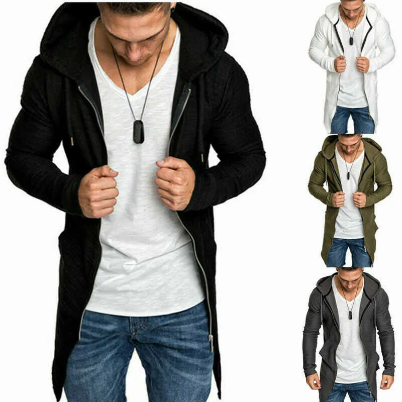 Mens Casual Hoodie Hooded Longline Zip Sweatshirt Trui Jas Uitloper Jas XL X0621