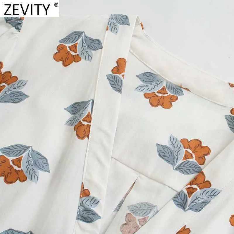 Zevity femmes élégant fleur imprimé nœud noué ceintures robe mi-longue femme Chic manches bouffantes poitrine décontracté Kimono Vestidos DS8109 210603