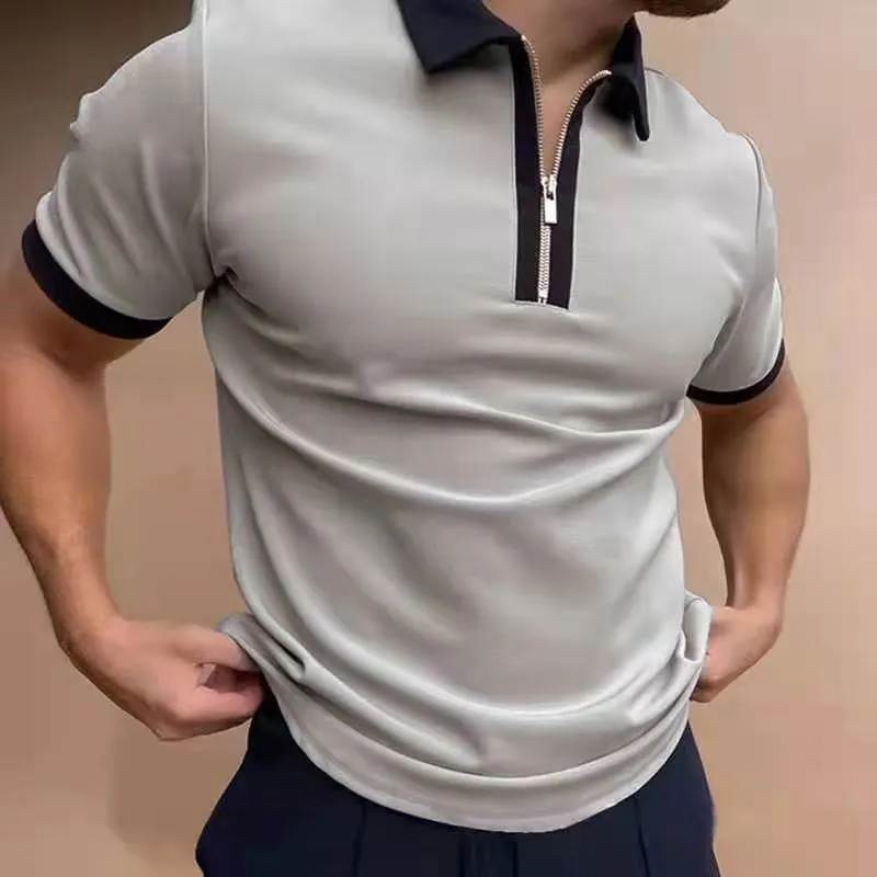 الرجال بولو عارضة الصيف قمصان الملابس اليومية بدوره أسفل طوق سستة تصميم قصيرة الأكمام قمم اللباس