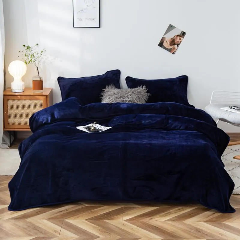 Couverture en laine de vison dorée d'hiver de couleur unie, couverture douce et moelleuse, couvre-lit en peluche polaire de corail bleu noir pour lits LF279x