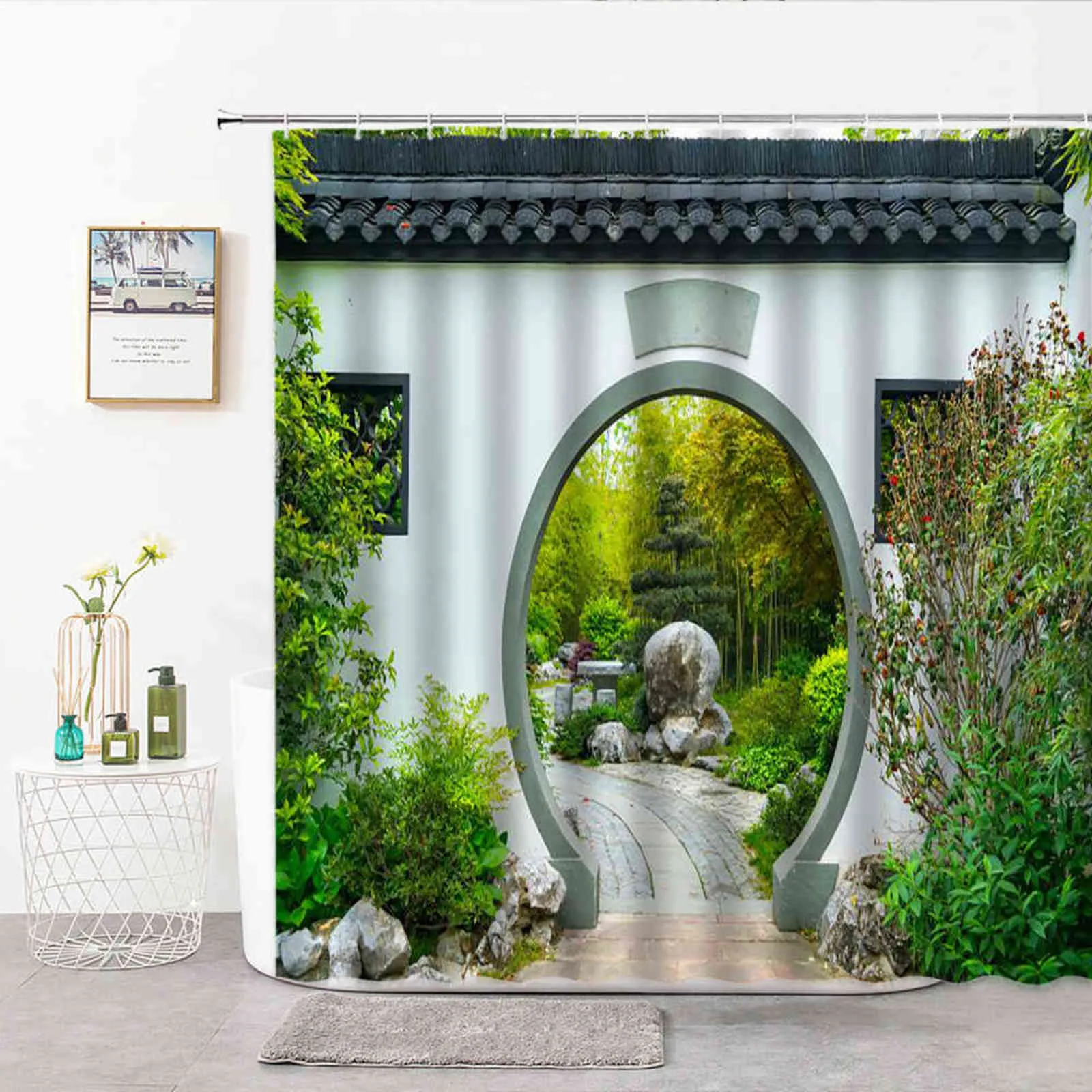 Chinês moon gate chuveiro cortinas paisagem jardim impresso banheiro cortina poliéster pano cortina de banho para decoração do banheiro 211116