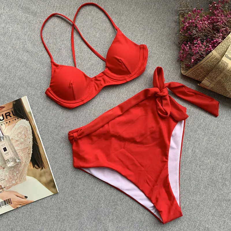 Vigoshely Sexy Red Push Up Bikini Высокая талия Купальник Женщины Завязанные Верхние Днивые Купальники Набор для купания Купальники Плавать 210621