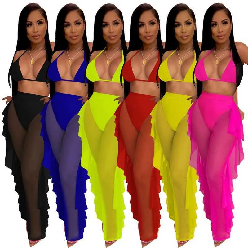 HAOYUAN Sexy Mesh Sheer Deux Pièces Bikinis Ensemble Bandage Crop Top Volants Pantalon Moulant Pour Femmes Maillot De Bain Summer Club Matching Set Y0625