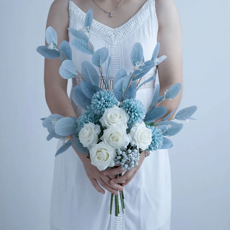 Fleur de flocon de neige nordique, Simulation élégante, Rose blanche, Bouquet de mariée, fleurs artificielles en soie pour décoration de table à manger de maison 253T