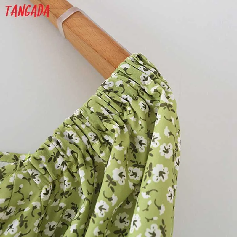 Tangada été femmes vert fleurs imprimer robe de plage avec Slash col en V à manches courtes dames Mini robe Vestidos 5X13 210609
