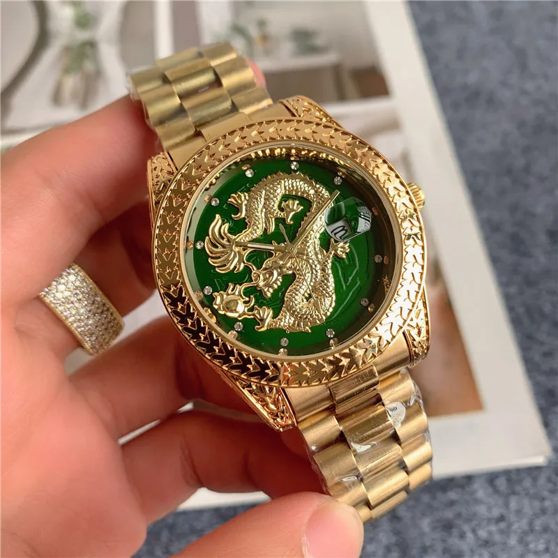 Orologi delle migliori marche di moda Orologio da polso al quarzo con cinturino in acciaio in metallo stile drago cinese X145202k