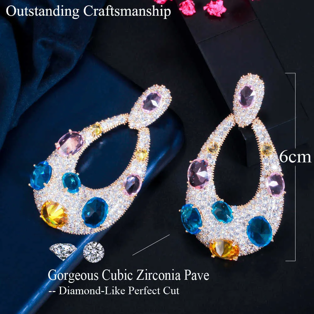 Brazilian Gold Multi Color Water Drop Large Long Dangle CZ Engagement Earrings for Women Party Wedding Jewelry CZ840 210714