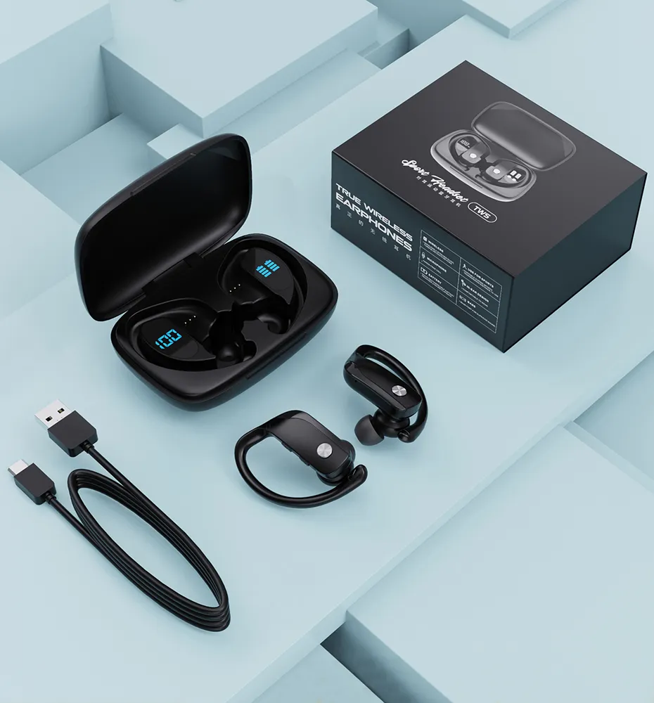Fabrika Outlet T16 LED Ekran Bluetooth 5.1 Kulaklık Kablosuz Kulaklık TWS Kulak Kancası 3500 mAh Şarj Kutusu Kulakiçi Telefon için Spor Oyun Kulaklık