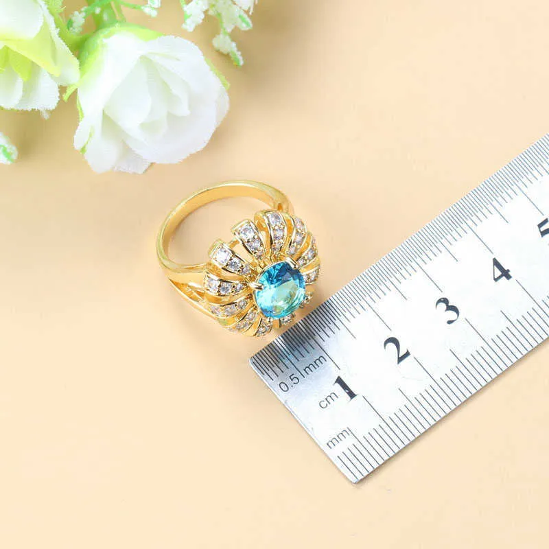 Romantico zircone blu cielo festa nuziale grande set di gioielli giallo oro colore abito a quattro pezzi orecchini pendenti / bracciale e anello H1022