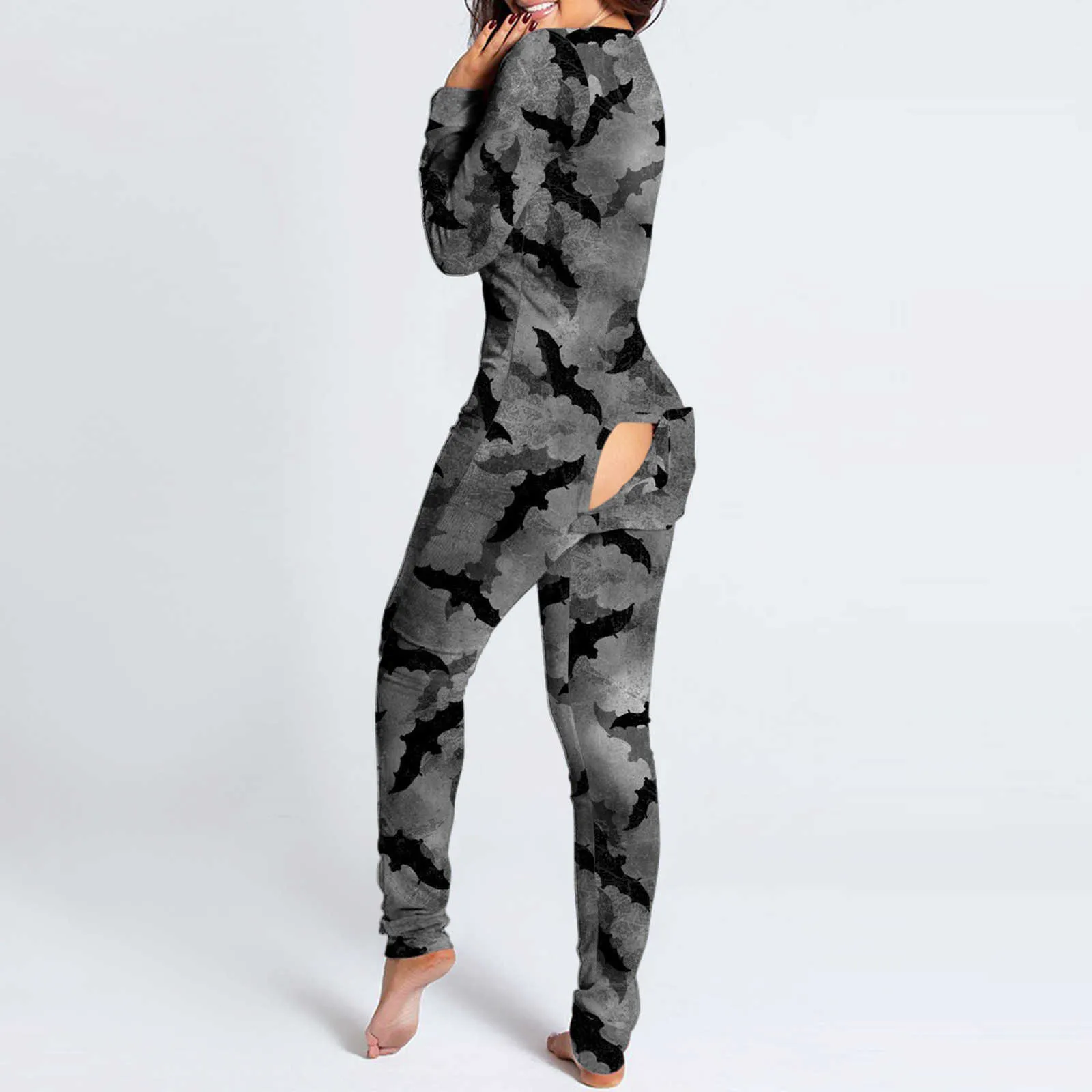 Sexy Women Pajama Set Halloween print Button-down Front Functional Buttoned Flap Adults Jumpsuit Open Butt Pajamas Onesies 211228