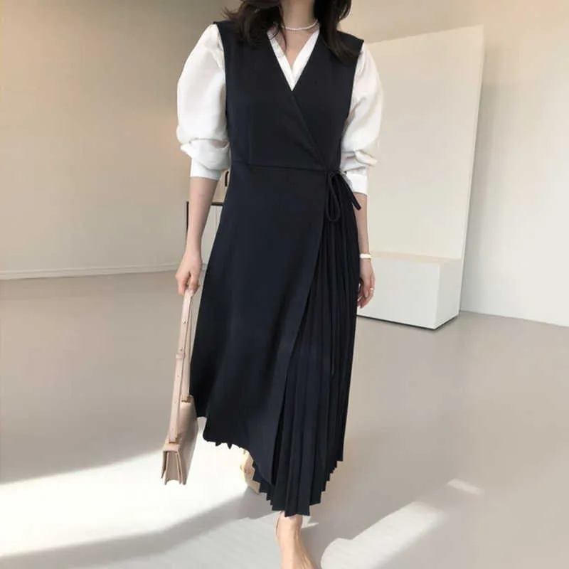 Korejpaa Set di abiti da donna coreano chic francese elegante camicia a maniche lunghe con scollo a V + cravatta laterale in vita gonna a pieghe abiti 210526