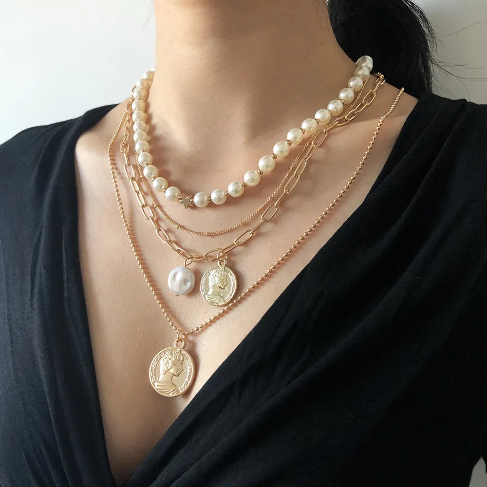 Pearl Necklace for women039s neck chain 2021 Cuban link choker Multilayered Punk Gold Portrait Pendant Necklaces Jewelry4833247