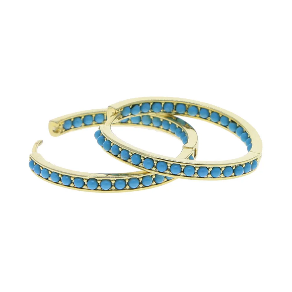 Ensemble de bijoux classiques pour femmes, couleur or, à la mode, ensemble de broches, pierre turquoise bleue, boucles d'oreilles Huggie, 30mm
