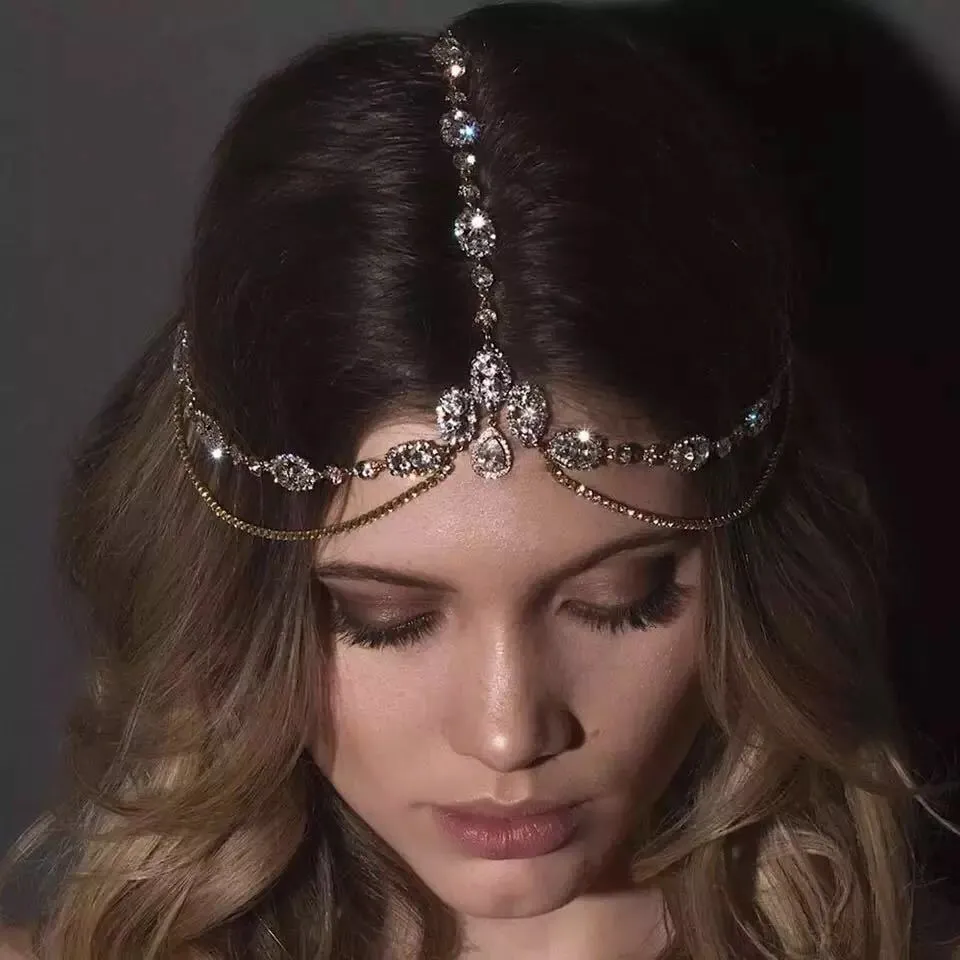 Front en cristal avec chaîne, coiffure en pierre du rhin brillante pour femmes, bijoux de cheveux de mariage