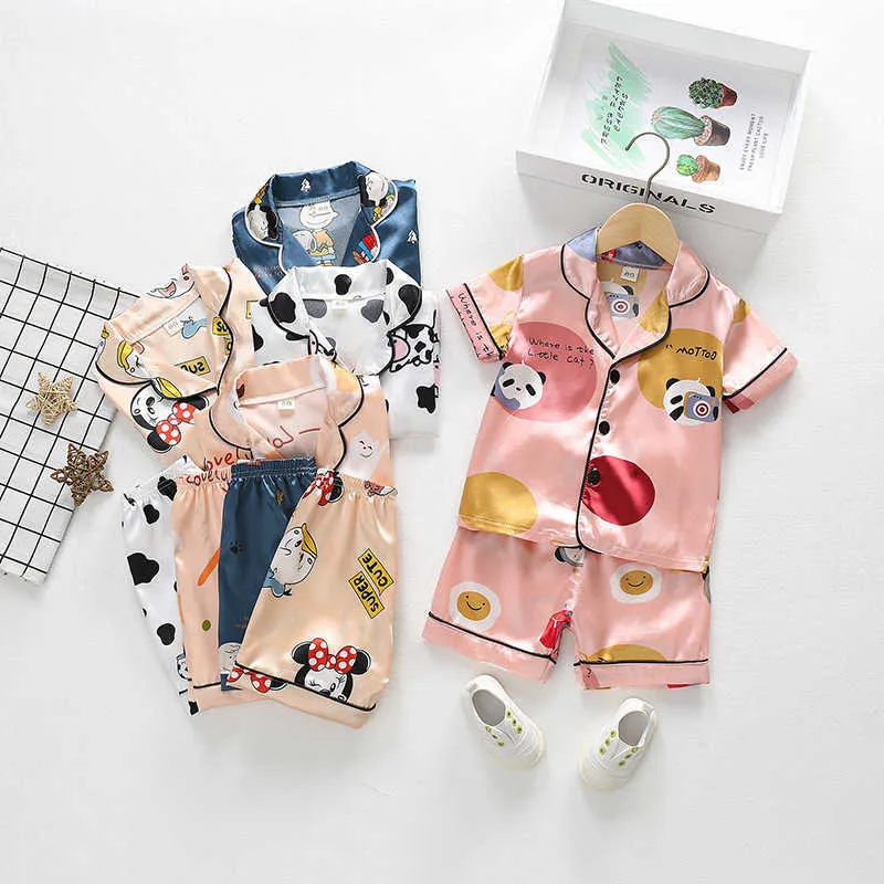 Mädchen Satin Seide Pyjama Set Kinder Junge Cartoon Nachtwäsche Outfits Sommer Kleinkind Kurzarm + Shorts Freizeit Tragen Hause Kleidung 210915