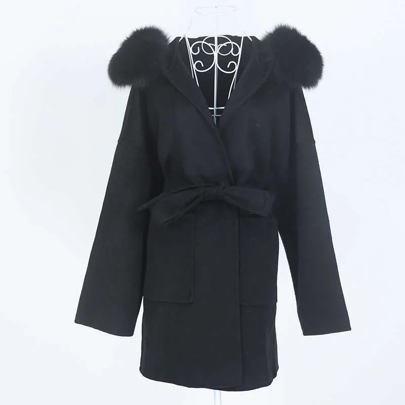 OFTBUY Oversize Loose Cashmere Wool Blends Real Fur Coat Winter Jacket Women Natural Fur Collar Hood Outerwear Belt 211013