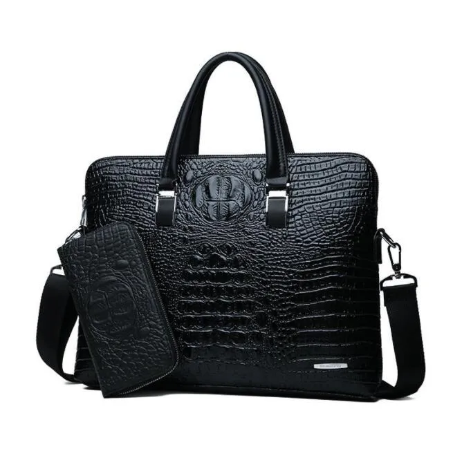 whole brand pack fashion crocodile print business briefcase trendy cross section crocodile leather man handbag multi function 2971
