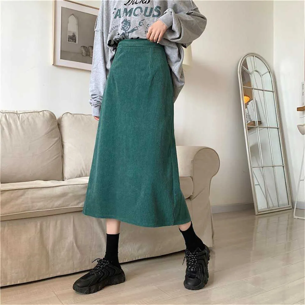 Vintage Green Corduroy A-Line Line Spódnica Kobieta w wysokiej talii prosta spódnica z szczeliną jesienią Koreańskie damskie dziewczyny długie spódnica 210619
