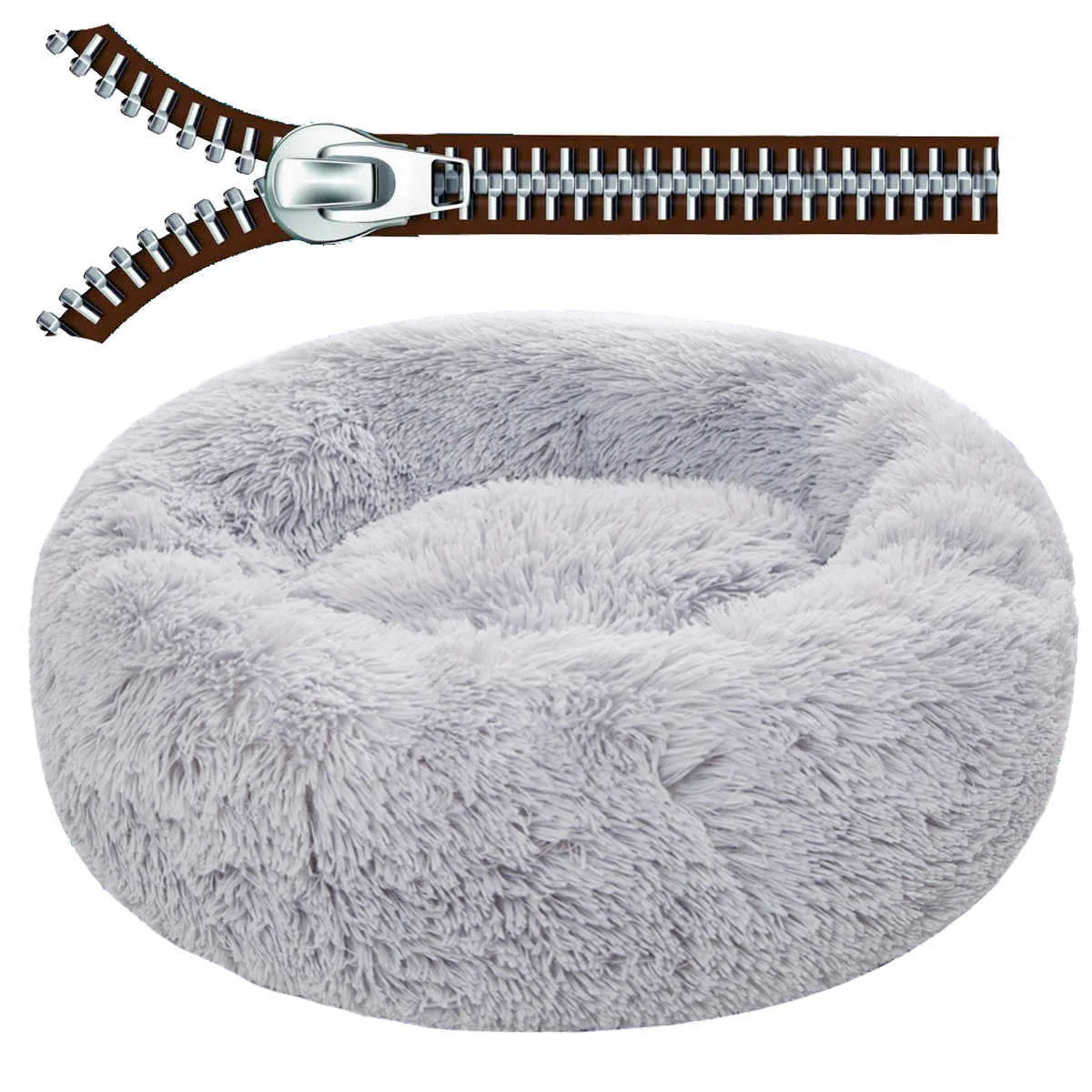 Großes Hundesofabett mit Reißverschluss, abnehmbarer Bezug, Zwinger, lange Plüschmatten, warmes Schlafhaus für Haustiere, rund, 210924