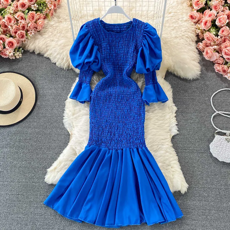 Fioletowy / Czerwony / Biały Syrenka Sukienka Kobiety Wiosna Lato Okrągły Neck Rękaw Puff Sleeve High Waist Bodycon Vestidos Kobiet Elegancka Robe 2021 Y0603