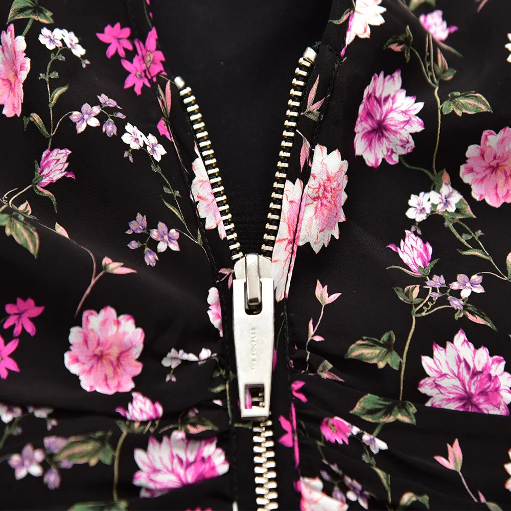 2021 Sommar Höst Kortärmad V Nacke Black Dress Sweet Pink Floral Print Paneled Zipper Knä-längd Kvinnor Mode Klänningar G123052
