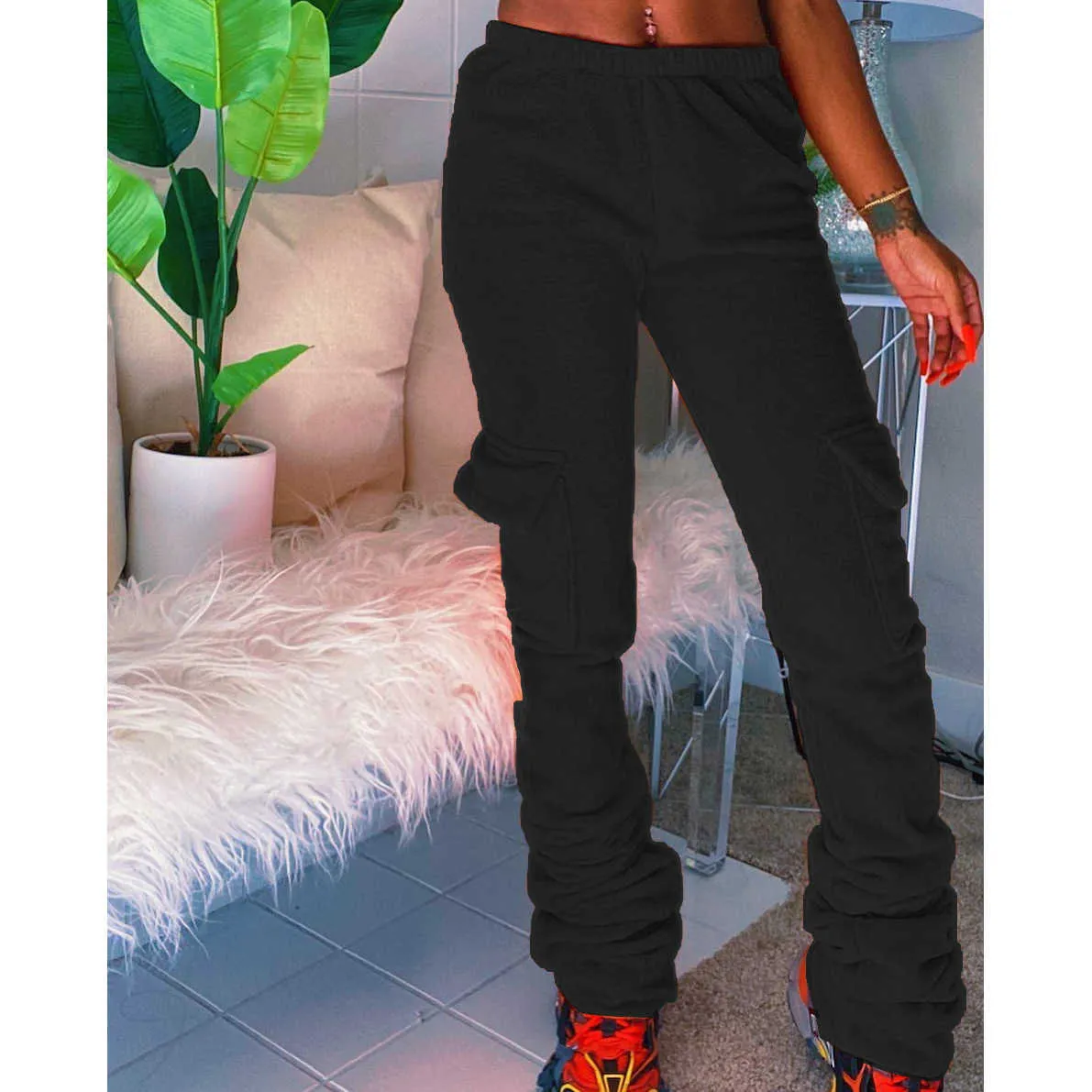 Pants Womens Autumn Thicken Low Waist Side Leg Pocket Stacked Joggers Sweatpants Female Casual Pantalones Mujer Invierno De Moda 210604