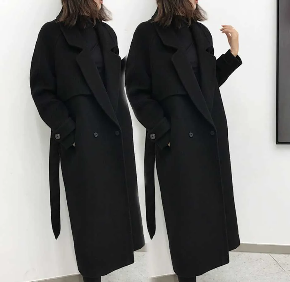 بالإضافة إلى حجم 3XL! الشتاء المرأة الصوف سترة الأزياء متوسطة طويلة فضفاضة معطف الصوف الأسود سليم بأكمام طويلة قميص 211018