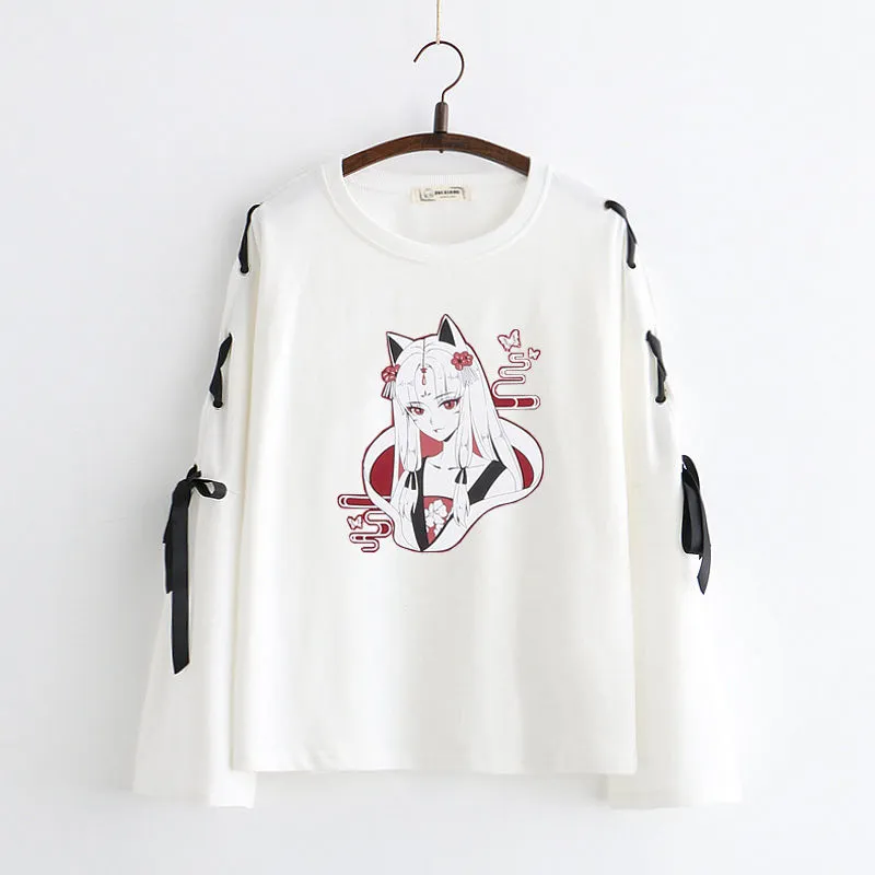 Neploe Automne Japonais À Manches Longues T-shirt Dessin Animé Imprimé T-shirt Harajuku Croix Bowknot Bandage T-Shirts Blanc Noir Tops 210317
