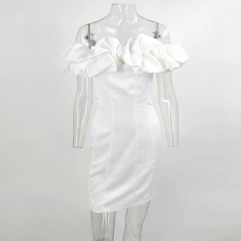 COSYGAL Ruffles Off Shoulder Sexy Satin Dress Women Party Night Clubwear Bodycon Dresses Elegant Autumn Winter White Dress 201008