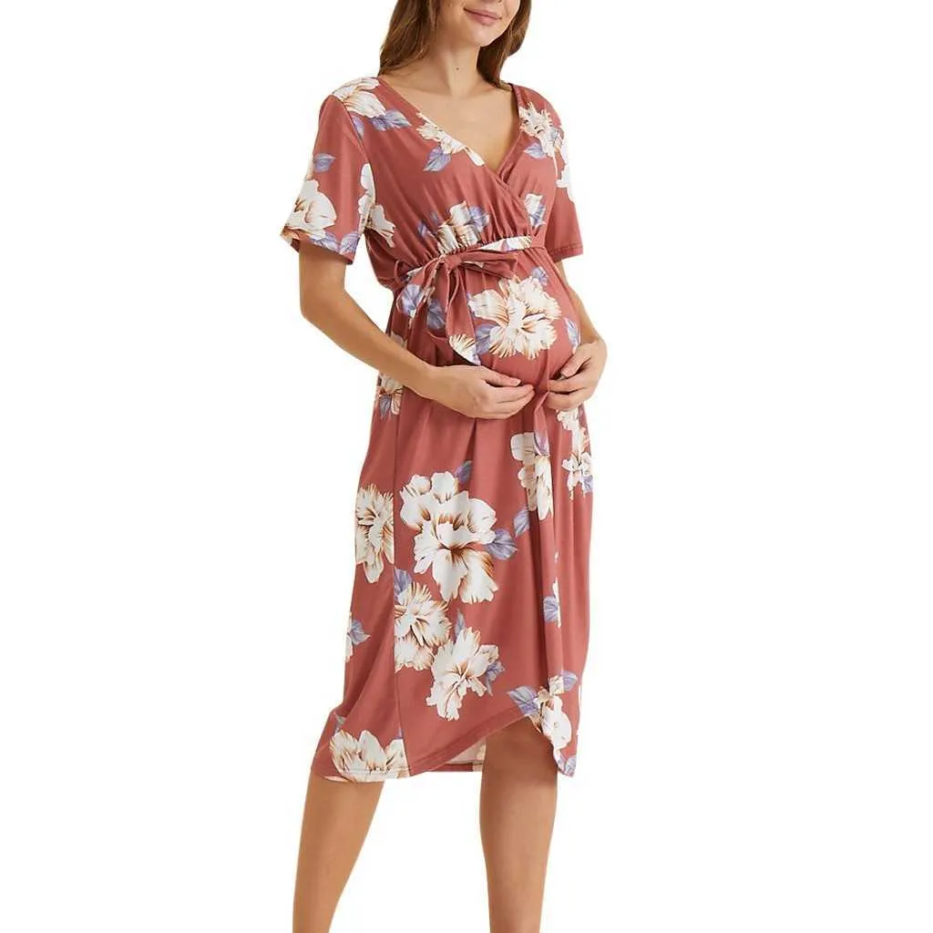 Été Femmes Maternité À Manches Courtes Col En V Floral Imprimé Grossesse Allaitement Allaitement Robe Avec Ceinture Vêtements Robes # g4 Q0713