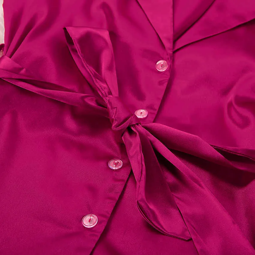 HiLoc Pigiama in raso donna Sleepwear Seta a maniche lunghe in puro colore a due pezzi con fasce Red Pink Abbigliamento Primavera 210809