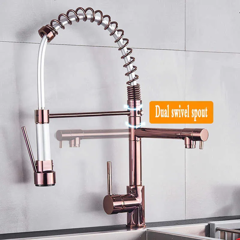 SHBSHAIMY Chrome / Or Rose Printemps Robinets De Cuisine Noir Pull Down Cuisine-Évier Grue Double Bec Pivotant Robinet Mélangeur D'eau Froide 210724