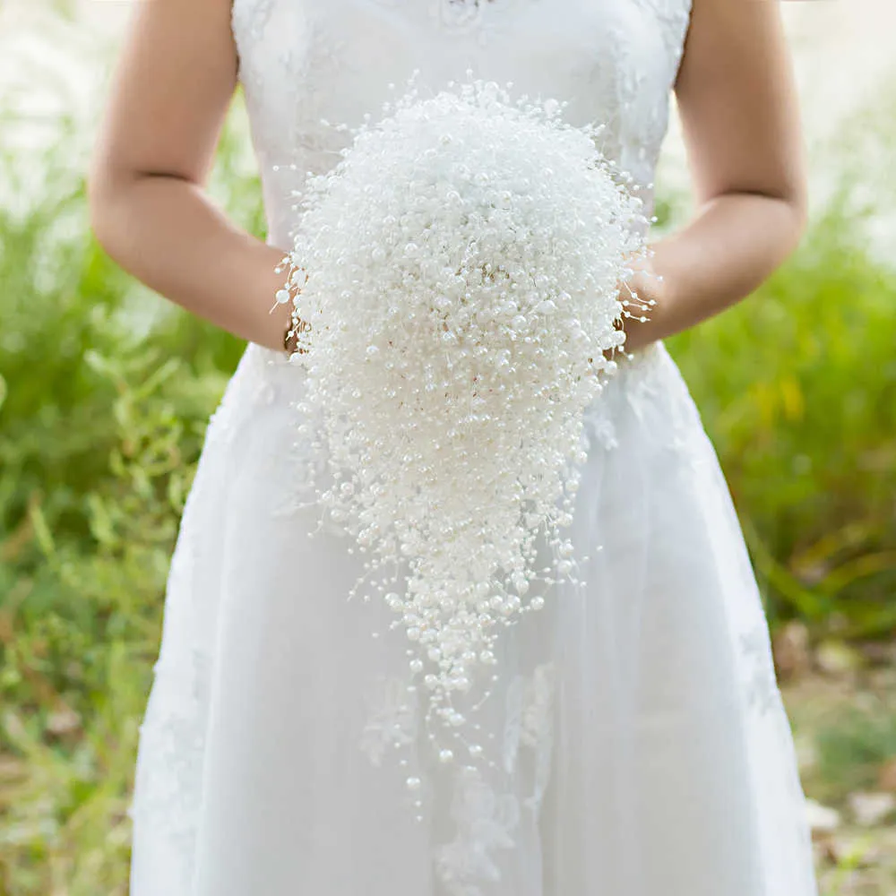 Luxe Bruidsboeket Huwelijk Witte Bruiloft Bloem Bruids Parel Handgemaakte Waterval X072666711088613680