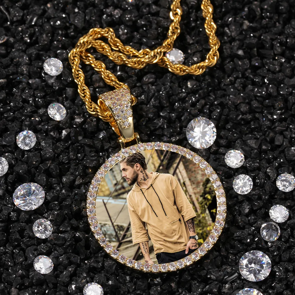 Custom Pos Necklace Fashion Gold Plated Circle Memory Iced Out Pendant Necklaces Mens Hip Hop Jewelry320A