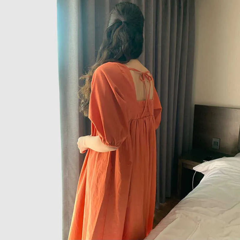 Korejpaa Women Dress Summer Korean Chic Ladies Niche Orange Round Neck Open Back Lace Pleated Loose Puff Sleeve Vestidos 210526