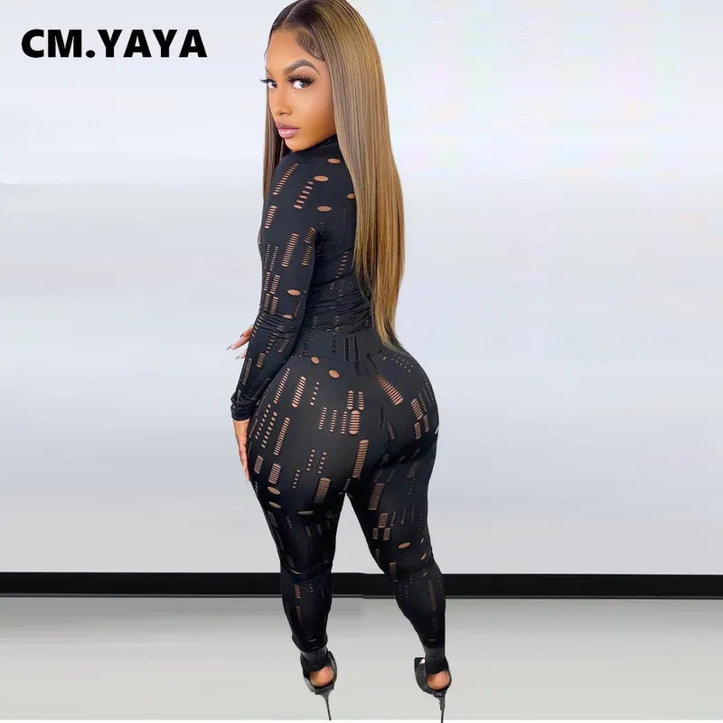 CM.YAYA Hole Active Women Set Long Sleeve T-shirt and Shorts Suit Sport Tracksuit Two Piece Fitness Outfit Black 220315