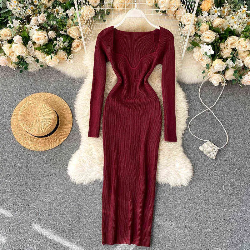 Vintage elegant Sexy low-neck leaky clavicle tight-fitting dress waist hip elastic knitted dress female autumn winter base dress Y1204