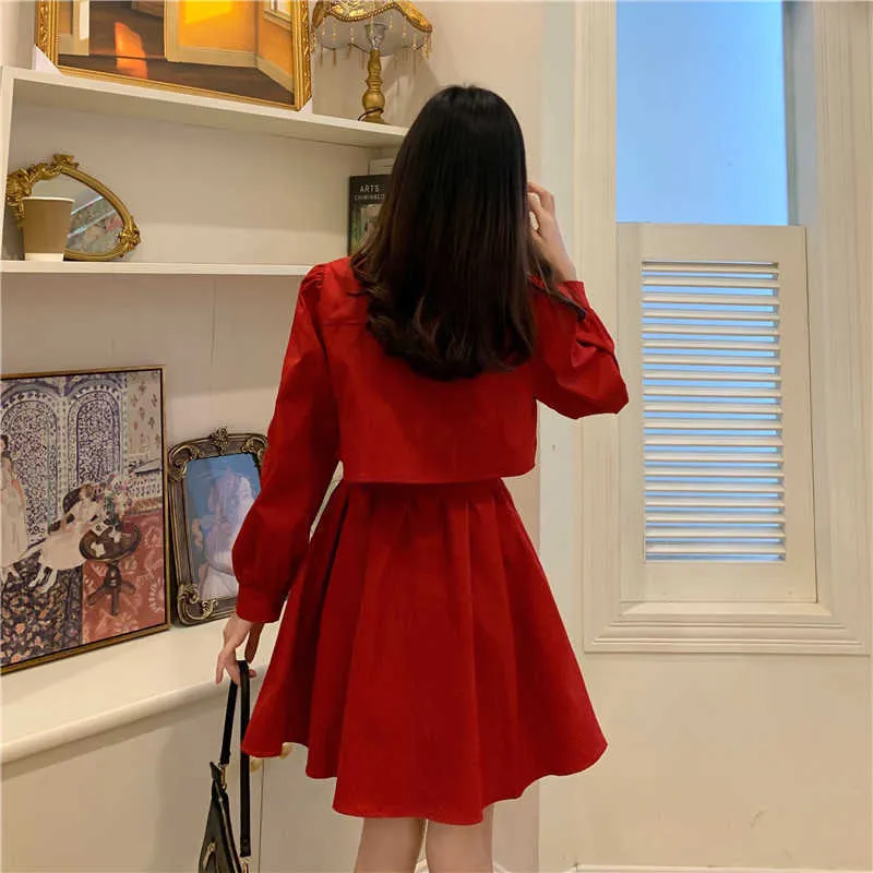 Tal vez U negro rojo sólido vestido botón manga larga arco una línea elegante Mini vestido mujer primavera Turn Down Collar D3082 210529